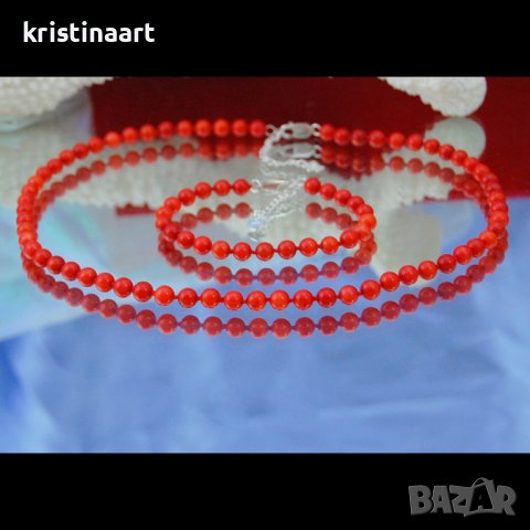 Сребърна гривна от червен корал, 6mm, снимка 2 - Гривни - 38784295