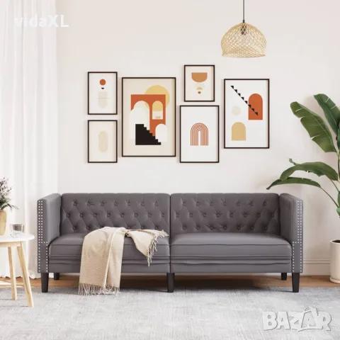 vidaXL Диван Chesterfield с 3 седящи места, сив, kunstnahast, снимка 3 - Дивани и мека мебел - 56147444