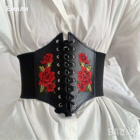 Колан/корсет за талия с бродерия цветя, имитация на кожа и ластик в черен цвят, снимка 2 - Корсети, бюстиета, топове - 41488677