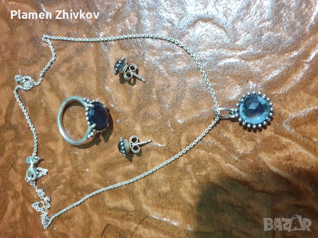 колие пръстен и обици сребро със син сапфир, снимка 3 - Бижутерийни комплекти - 53427721