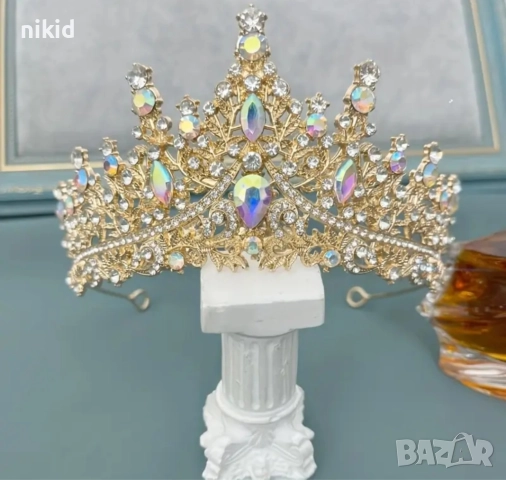 Сребриста златиста розови камъни островърха метална корона диадема тиара с камъни детска дамска , снимка 7 - Аксесоари за коса - 49741835