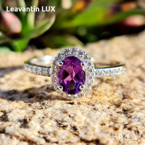 Сребърен пръстен с Аметист с Цирконий , снимка 5 - Пръстени - 53645408