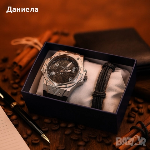 Мъжки подаръчен комплект – стилен часовник и черна гривна, снимка 3 - Мъжки - 51932979