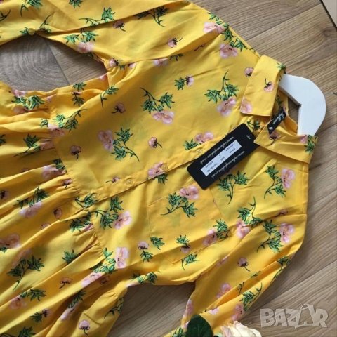 Разпродажба!Елегантна дълга дамска риза с флорални мотиви цветя жълта разкроена с дълъг ръкав S-S/M , снимка 6 - Ризи - 40689802