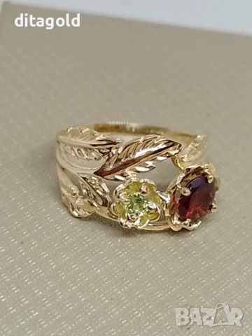 Нов 14К златен пръстен с естествени гранат и перидот, снимка 1
