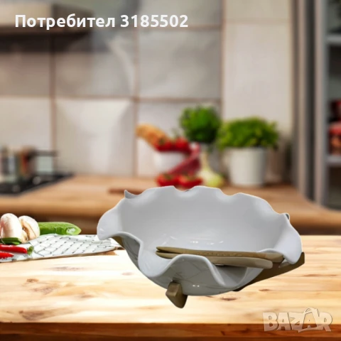 Керамична купа с дървена стойка и прибори за сервиране, снимка 6 - Прибори за хранене, готвене и сервиране - 51420566