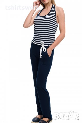 Нов дамски летен моряшки гащеризон на тъмносиньо и бяло райе