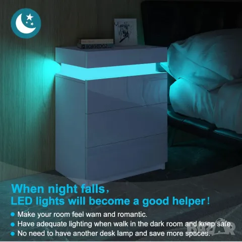 Нощно шкафче, 3 чекмеджета, лед LED светлини за спалня, всекидневна, снимка 5 - Шкафове - 49680648