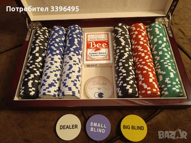 Луксозна кутия с покер чипове, бутони и карти., снимка 3 - Карти за игра - 52540946