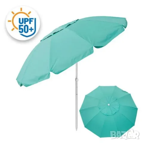 Кръгъл плажен чадър 2.40 м с чупещо се рамо, UV защита и прозорче за вятър, снимка 12 - Други стоки за дома - 50031421