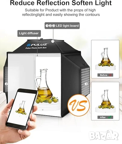 Софтбокс PULUZ фото студио LED преносимо студио за продуктова фотография 40x40см, снимка 5 - Светкавици, студийно осветление - 50942572
