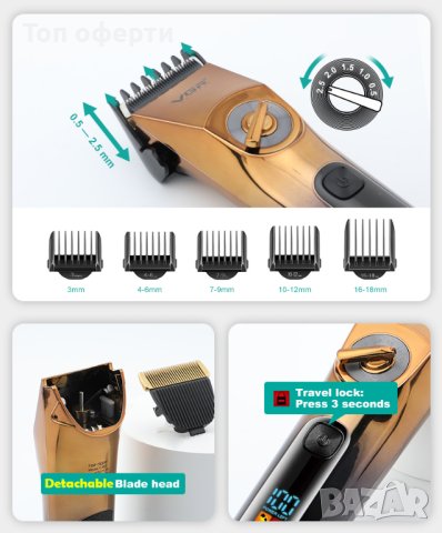 Тример за коса и брада регулираща VGR-663 0.5мм 1мм 1.5мм, снимка 3 - Тримери - 41026246