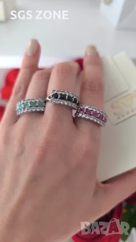 Сребърен Пръстен с Рубин/Сапфири/Изумруди и Два Реда Прозрачни Топази💎, снимка 3 - Пръстени - 49916030