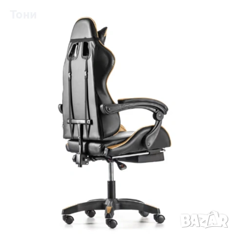Черен геймърски стол с златисти акценти и разтегляема поставка за крака, снимка 7 - Столове - 53240012