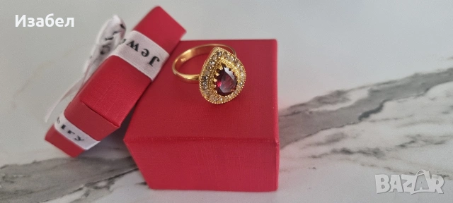 Позлатен пръстен с натурален гранат и диаманти, снимка 5 - Пръстени - 53592942