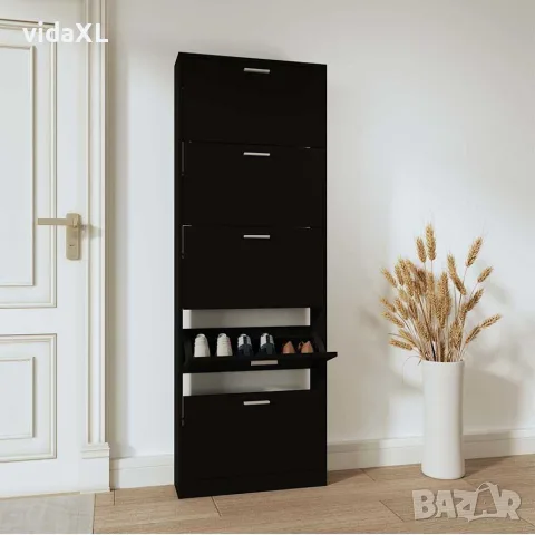 vidaXL Шкаф за обувки, черен, 59x17x169 см, инженерно дърво