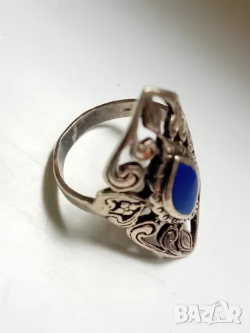 Старинен сребърен ажурен пръстен с Лазурит, снимка 3 - Пръстени - 50206710