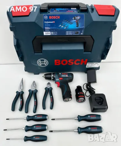 BOSCH GSR 12V-15 - Акумулаторен винтоверт с 8 ръчни инструмента, снимка 1