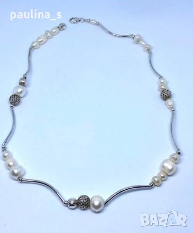 Сребърно колие с естествени бели барокови перли / проба 925 , снимка 3 - Колиета, медальони, синджири - 35738900