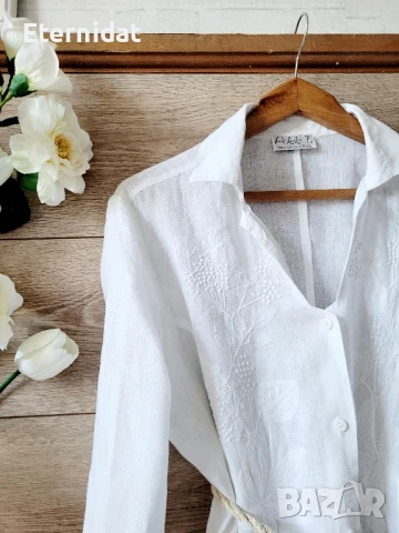 Дълга бяла риза с бродерии лен , снимка 7 - Ризи - 51010008
