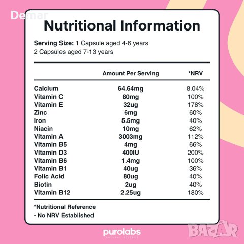 Purolabs Мултивитамини за деца калций цинк желязо витаминC B12 D3 60бр, снимка 7 - Хранителни добавки - 41852632