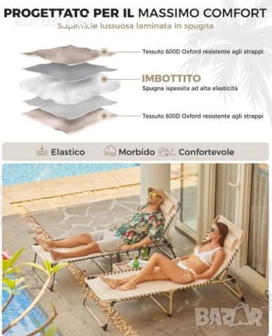 Сгъваем шезлонг KingCamp, голям подплатен градински шезлонг с 5 регулируеми позиции, 200 х 68 см, снимка 8 - Къмпинг мебели - 52776998