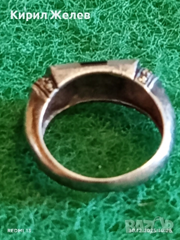 Винтидж сребърен пръстен с инкростация на ОНИКС и СЕДЕФ с марказити отстрани 52823, снимка 6 - Пръстени - 52934015