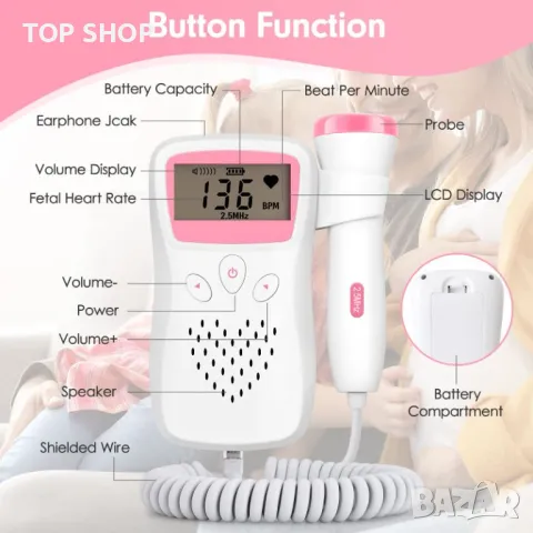 Бебешки монитор за сърдечен ритъм Преносим доплер Фетални аксесоари, снимка 11 - Детски - 49049683