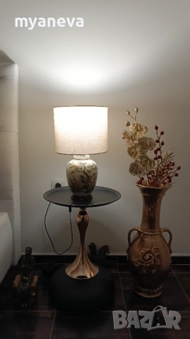 Vintage настолна лампа с порцеланова основа в азиатски стил и текстилен абажур . , снимка 7 - Настолни лампи - 53786976