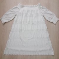 РАЗКОШНА бяла дантелена рокля с ластично деколте и 7/8 дължина на ръкава , снимка 1 - Рокли - 41890580