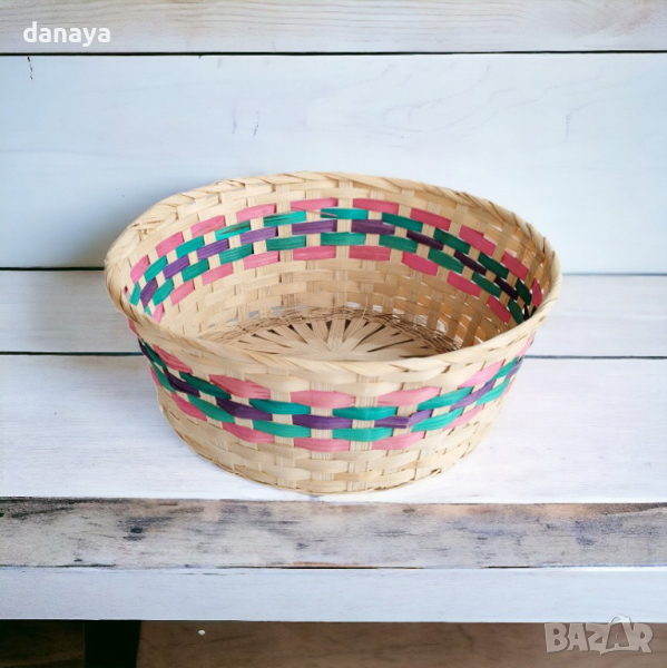 4544 Голяма плетена кашпа панер с цветен борд, 35 см, снимка 1