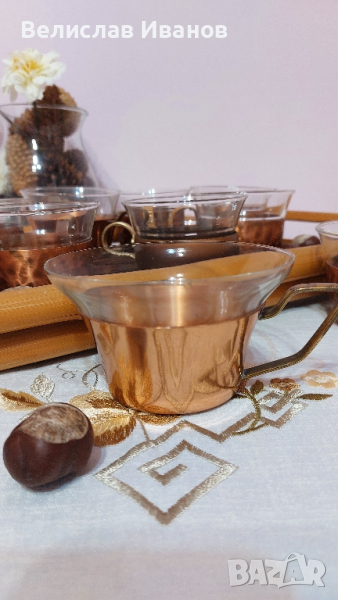 Чашки за кафе стъкло и медни подстакани. 10 броя, снимка 1