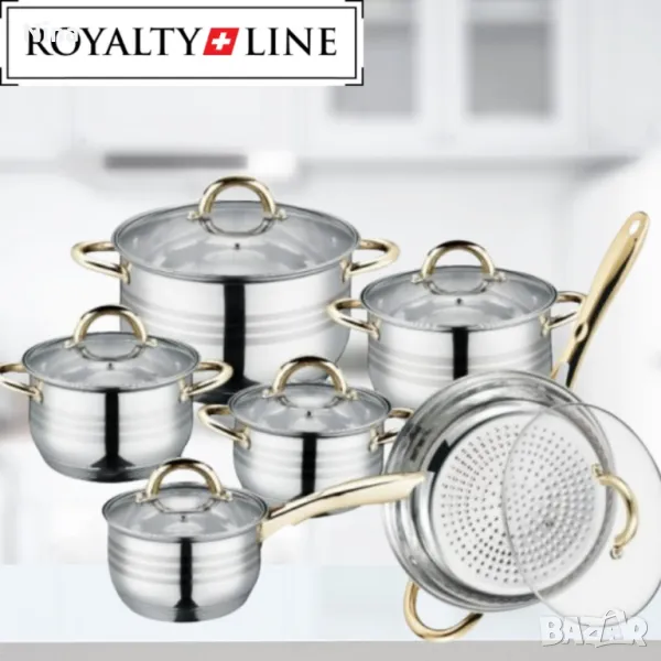 Комплект тенджери и тиган Royalty Line RL-1231G, 12ч.,16К/16/18/ 20/24/24Tсм., Индукция, Инокс, Злат, снимка 1