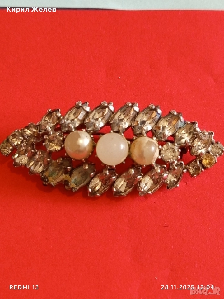 Винтидж Чешка брошка с кристали и перли 42385, снимка 1