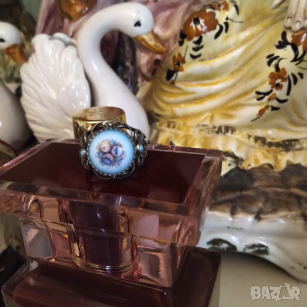 Стар сребърен пръстен с рисуван порцелан , снимка 1