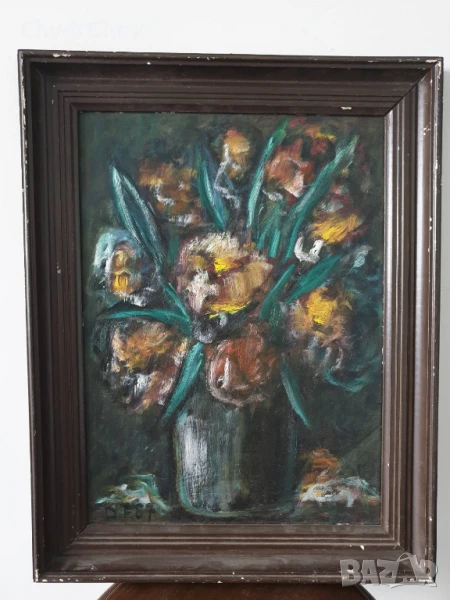 48х37см/картина масло върху фазер/натюрморт ваза с цветя/1987/дървена рамка, снимка 1