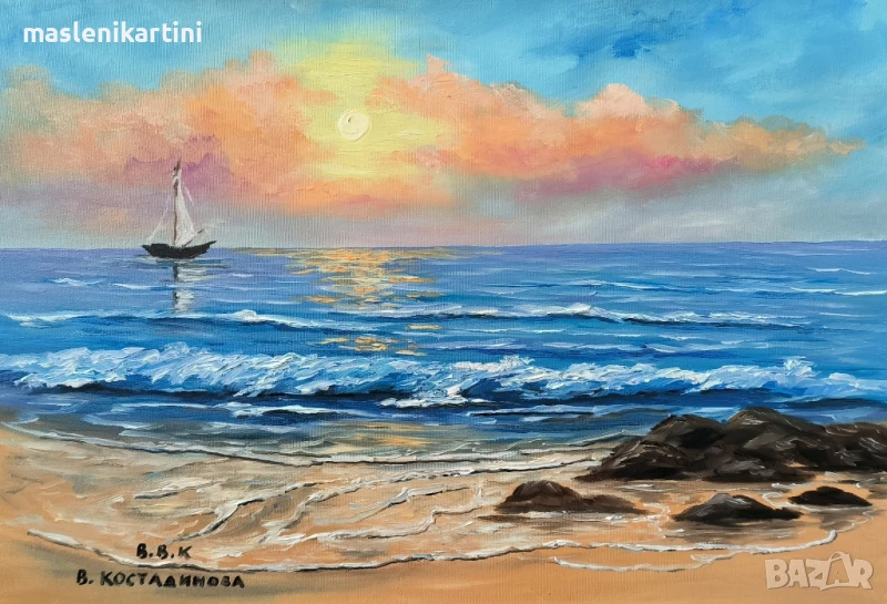 Море и корабче маслена картина , снимка 1