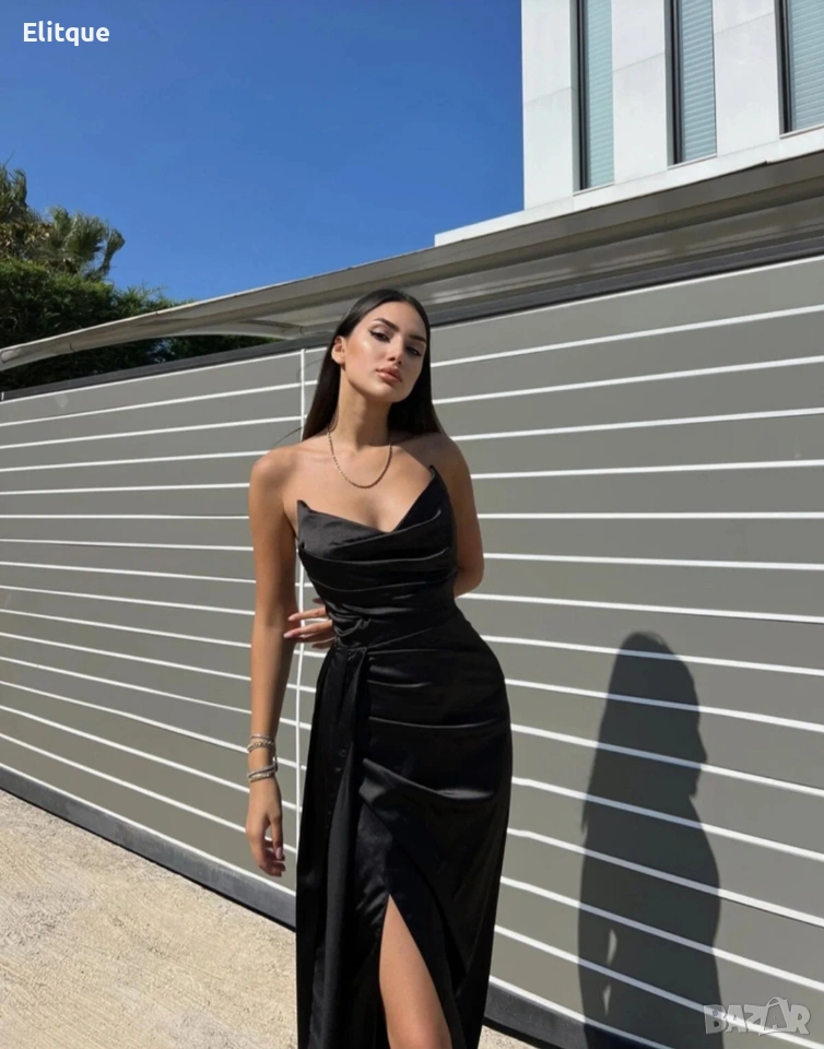 дълга сатенена рокля с цепка , снимка 1