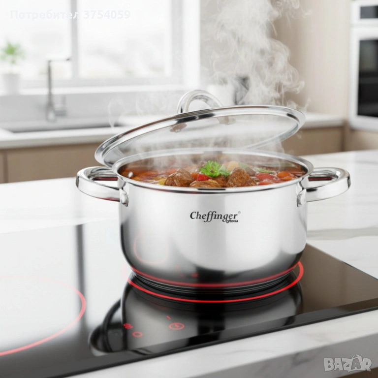Тенджера от неръждаема стомана Cheffinger  с индукционно дъно и стъклен капак, снимка 1