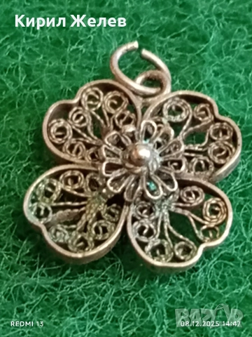 Старинна филигранна сребърен медальон четирилистна детелина ръчна изработка 28315, снимка 4 - Колиета, медальони, синджири - 52690790
