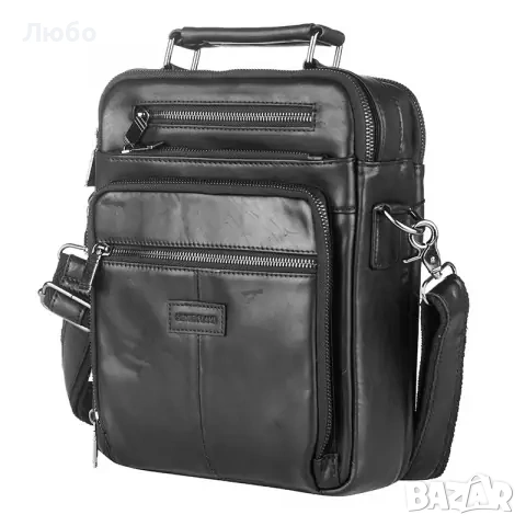 Мъжка чанта от естествена кожа (черна) SILVER FLAME - Много запазена, снимка 8 - Чанти - 53772823