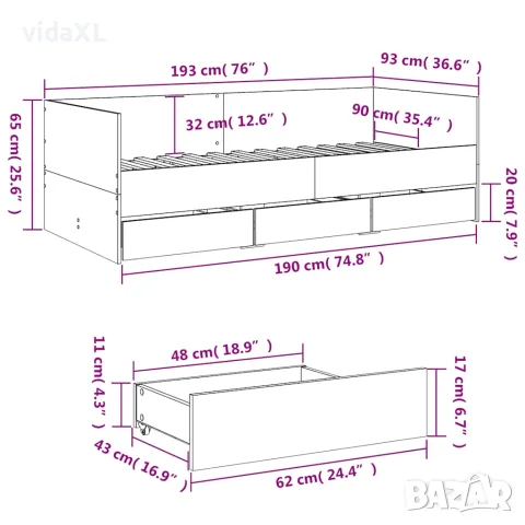 vidaXL Дневно легло с чекмеджета, без матрак, бяло 90x190 см, снимка 10 - Спални и легла - 56146813