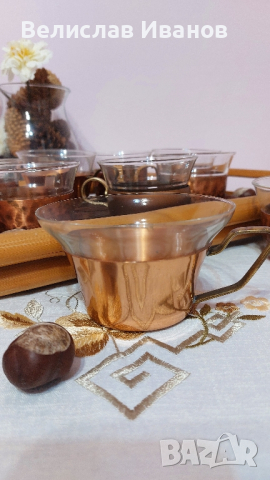 Чашки за кафе стъкло и медни подстакани. 10 броя, снимка 1