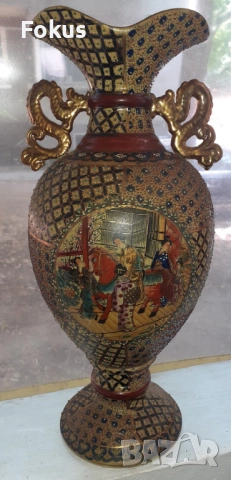 Голяма стара ваза Сатцума, ръчно рисувана, позлата Satsuma
