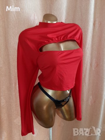 XXL Червена къса блуза / топ/ с дълъг ръкав 