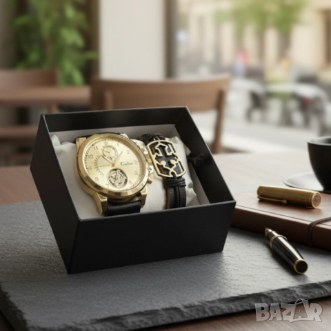Елегантен мъжки комплект – часовник с черна каишка и гривна с метален щит, снимка 4 - Други - 51947391