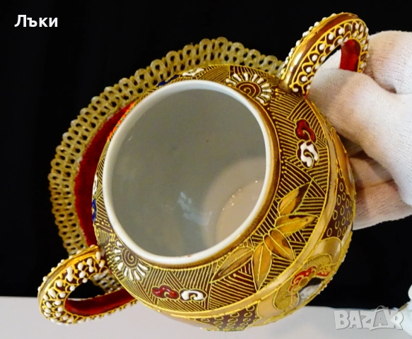 Захарница японски порцелан Satsuma,Дракон,злато,600 мл. , снимка 8 - Антикварни и старинни предмети - 51645333