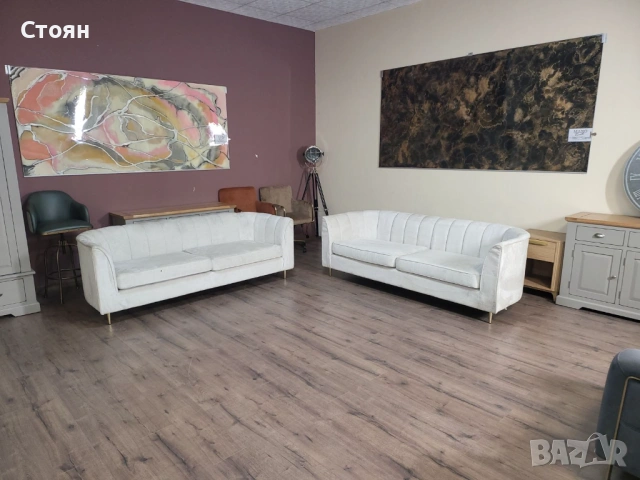 Кремав комплект дивани от плат две тройки