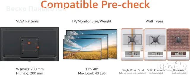 Телевизорна стойка за стена пасва на 12-40 инчови телевизори и VESA 200x200, черен, снимка 4 - Телевизори - 49467202