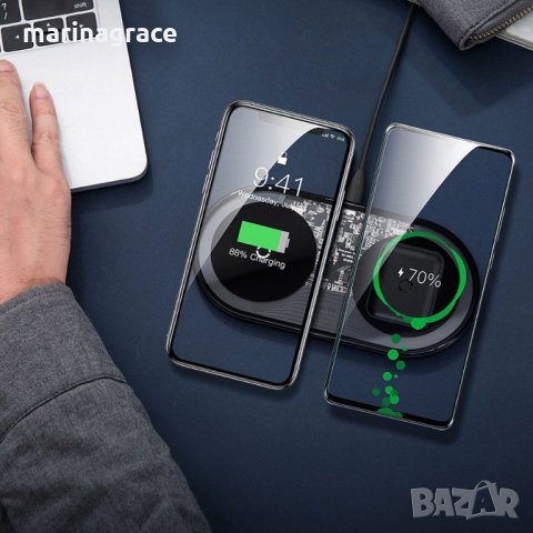 Безжично зарядно Baseus Simple 2in1 (за 2 устройства), снимка 2 - Безжични зарядни - 34708906